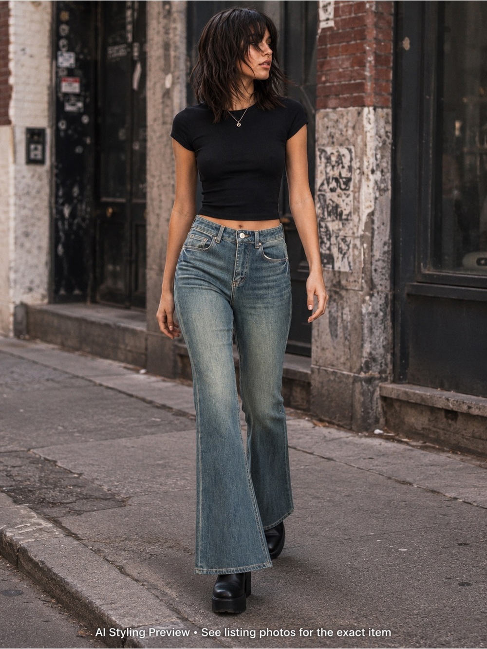 Tazio Y2K 70s High Rise Flare Jeans Blue Vintage Wash Women’s 26